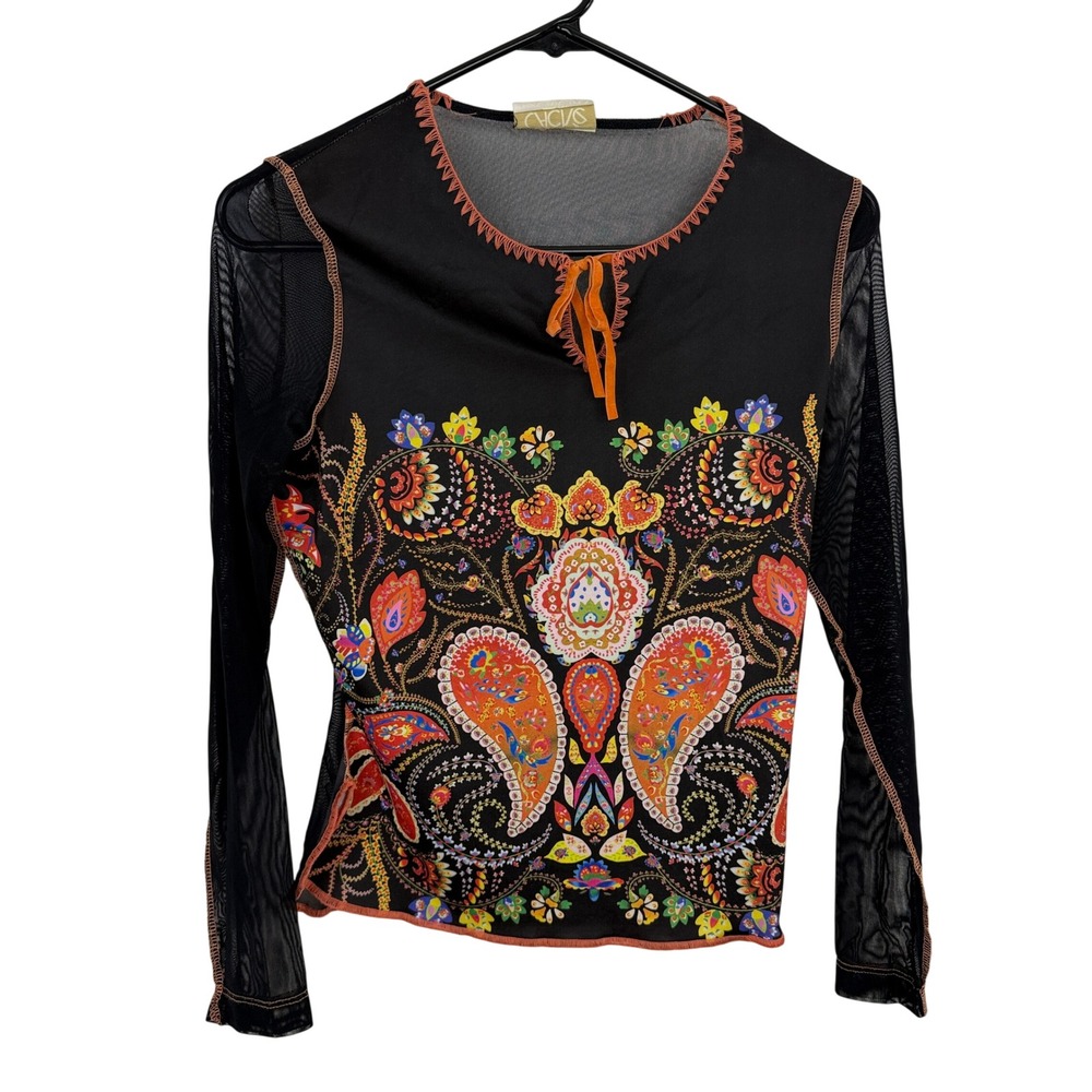 Cache Top Womens XS Black Paisley Mesh Sleeve Tie Neck Vintage Y2K Blouse Floral